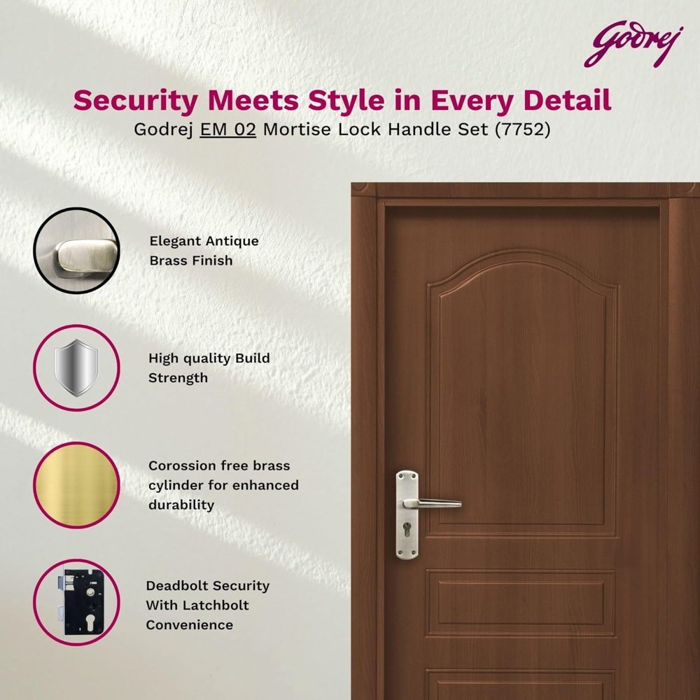 Godrej Mortise Lock I Handle Set 1CK EM01 I Antique Brass Finish I 6-Lever Lock I 3 Keys I Double Throw I 5